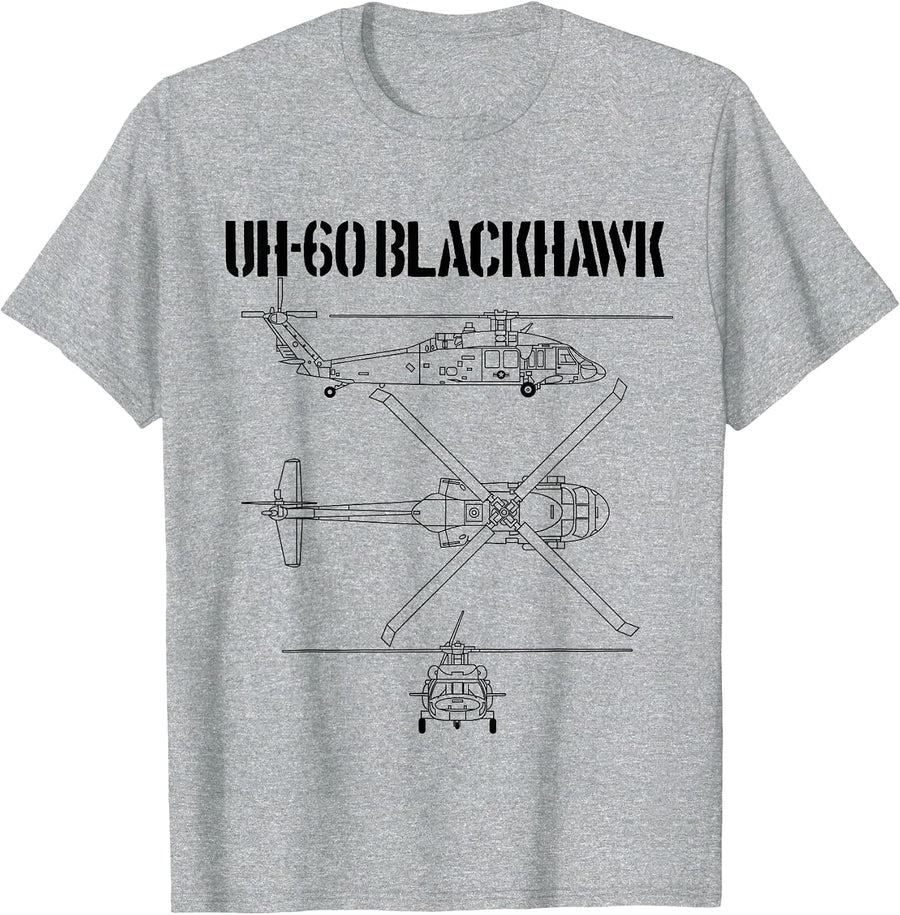 Blackhawk Schematic Military Helicopter Tee UH-60 Aviation T-Shirt - Heather Grey