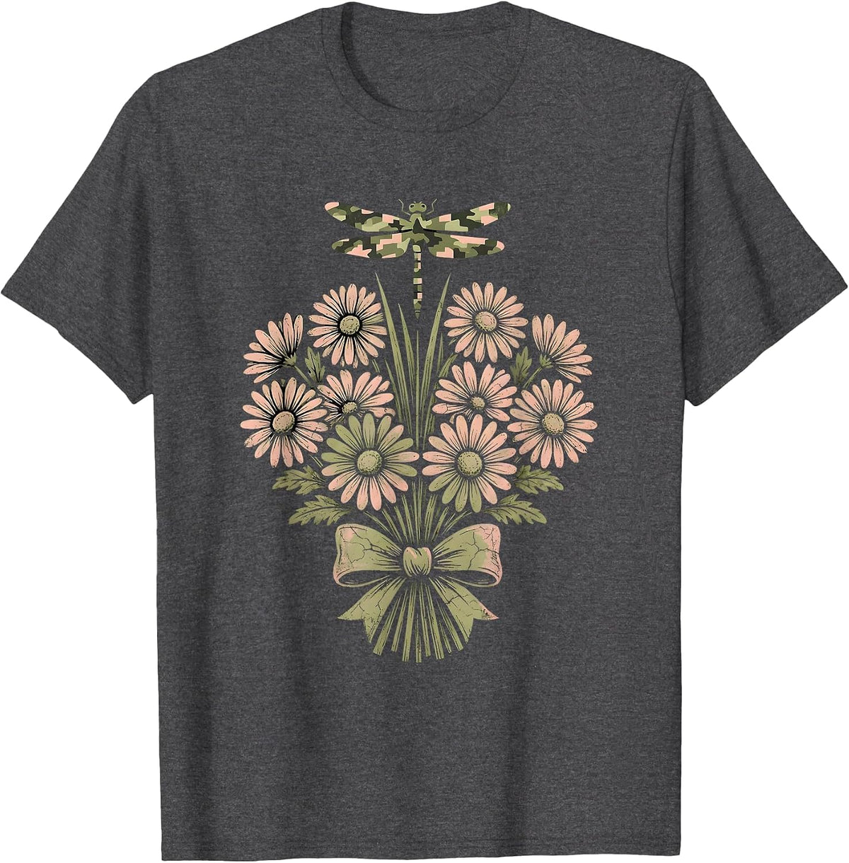Men's Camo Dragonfly on Reed Nature Illustration T-Shirt - Dark Heather Grey