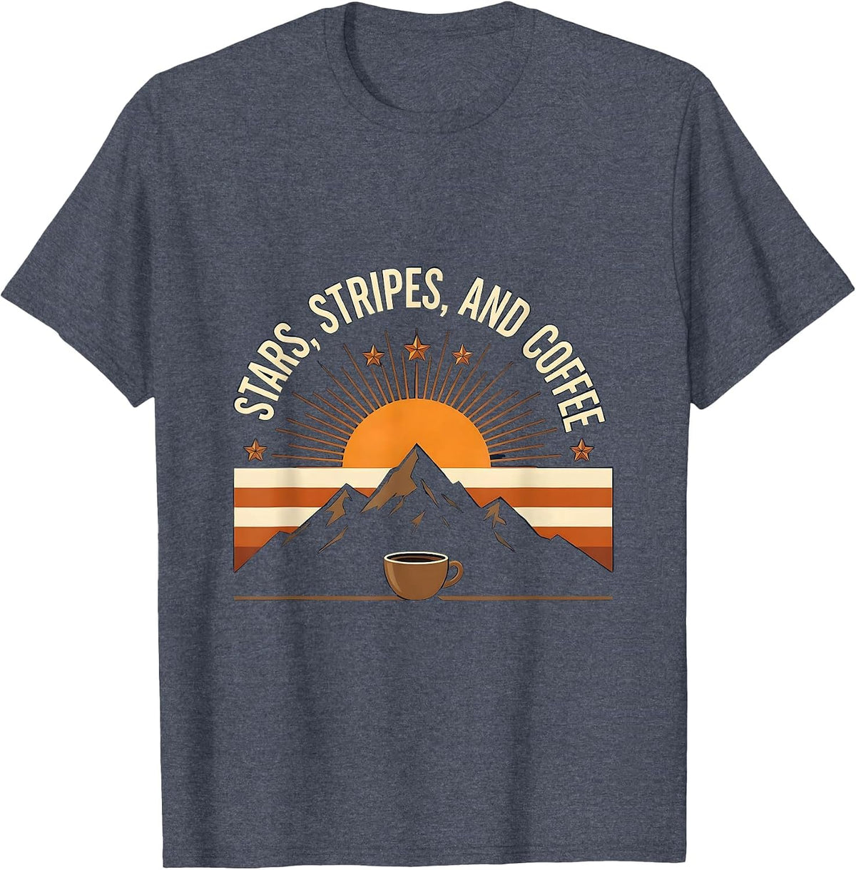 Stars Stripes and Coffee Patriotic Design T-Shirt - Heather Blue