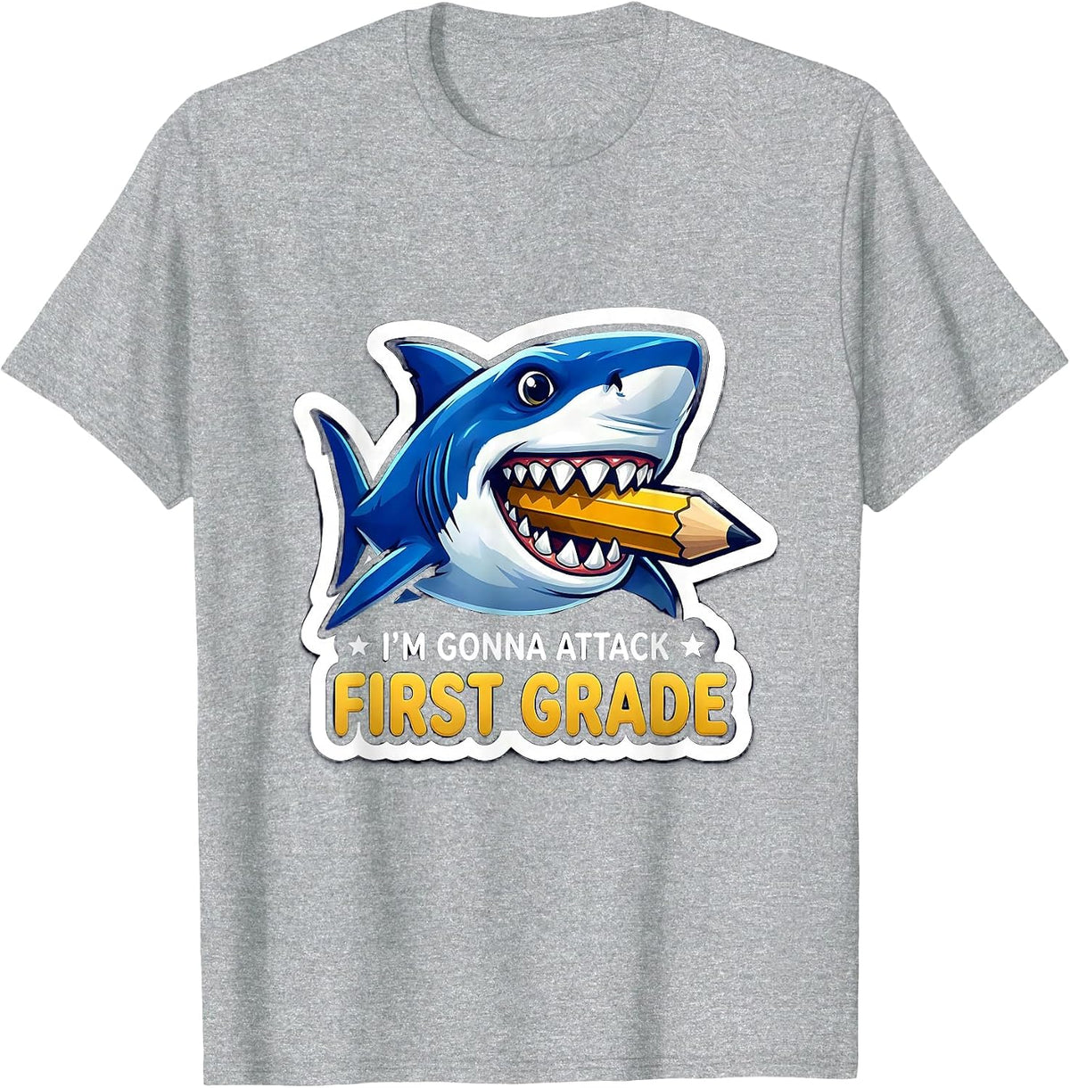 Men's I'm Gonna Attack First Grade Funny Shark Boys Back to School T-Shirt - Heather Grey