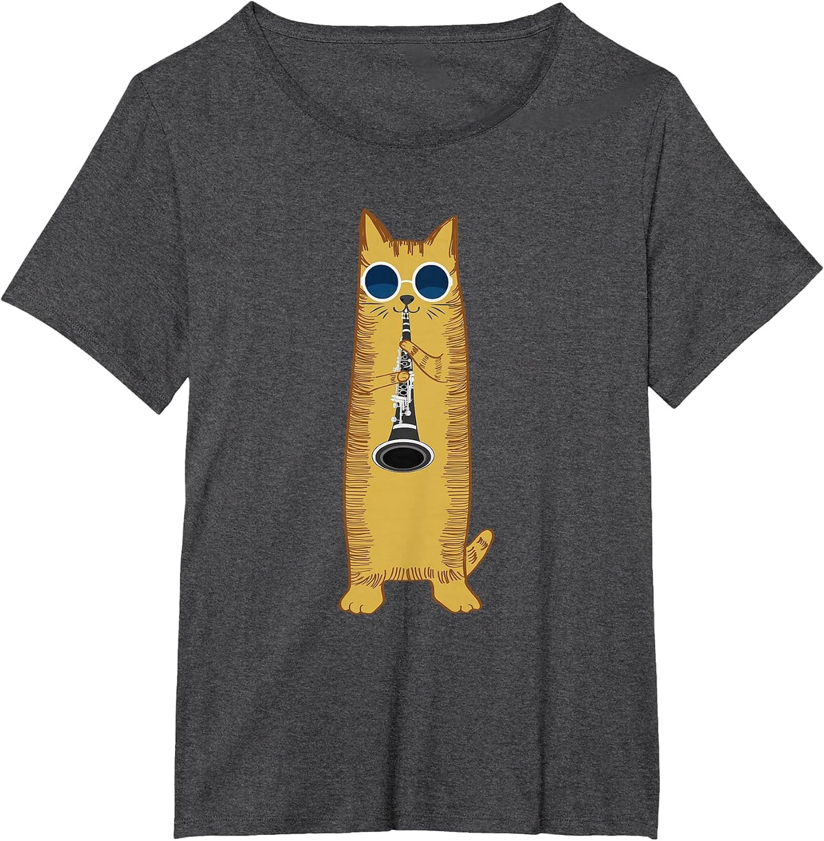 Cool Cat Playing The Clarinet Design Hippy Hipster Kitty T-Shirt - Dark Heather Grey