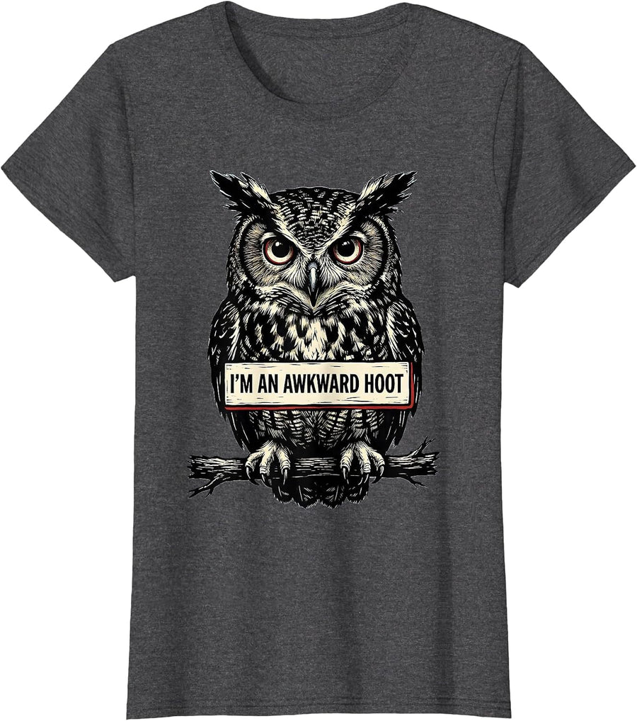 Women's I'm An Awkward Hoot Vintage Owl Bird Lover Humor T-Shirt - Dark Heather Grey