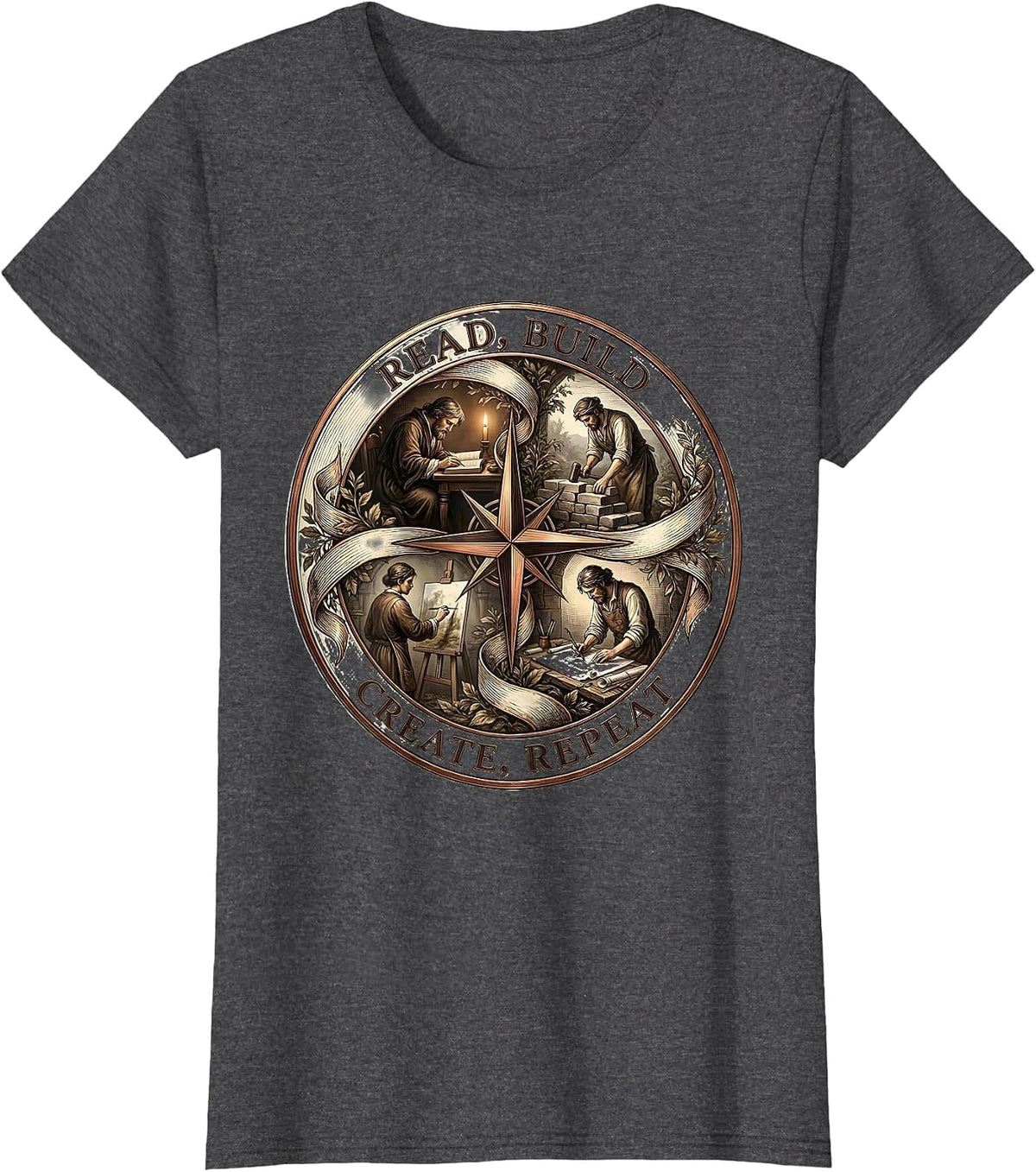 Women's Read Build Create Repeat Renaissance Men Design T-Shirt - Dark Heather Grey
