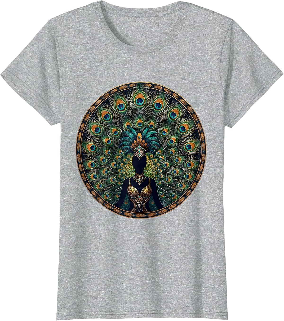 Showgirl Fan Dancer Peacock Feathers Graphic T-Shirt - Heather Grey