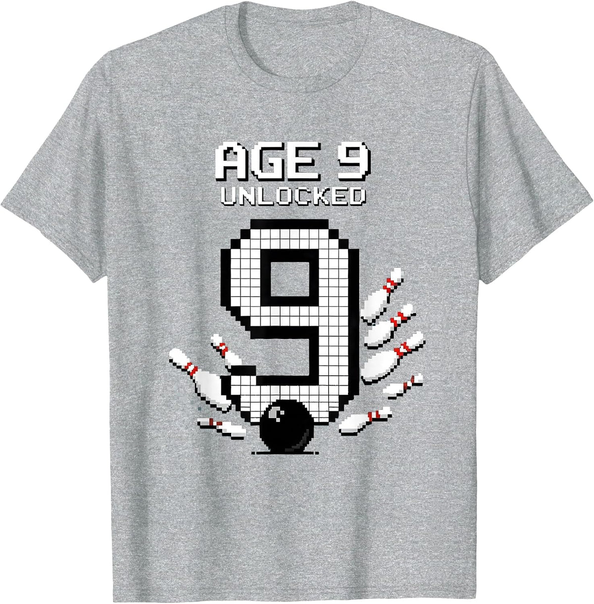 Men's Age 9 Unlocked Pixel Art Bowling Birthday Party 9th Birthday T-Shirt - Heather Grey