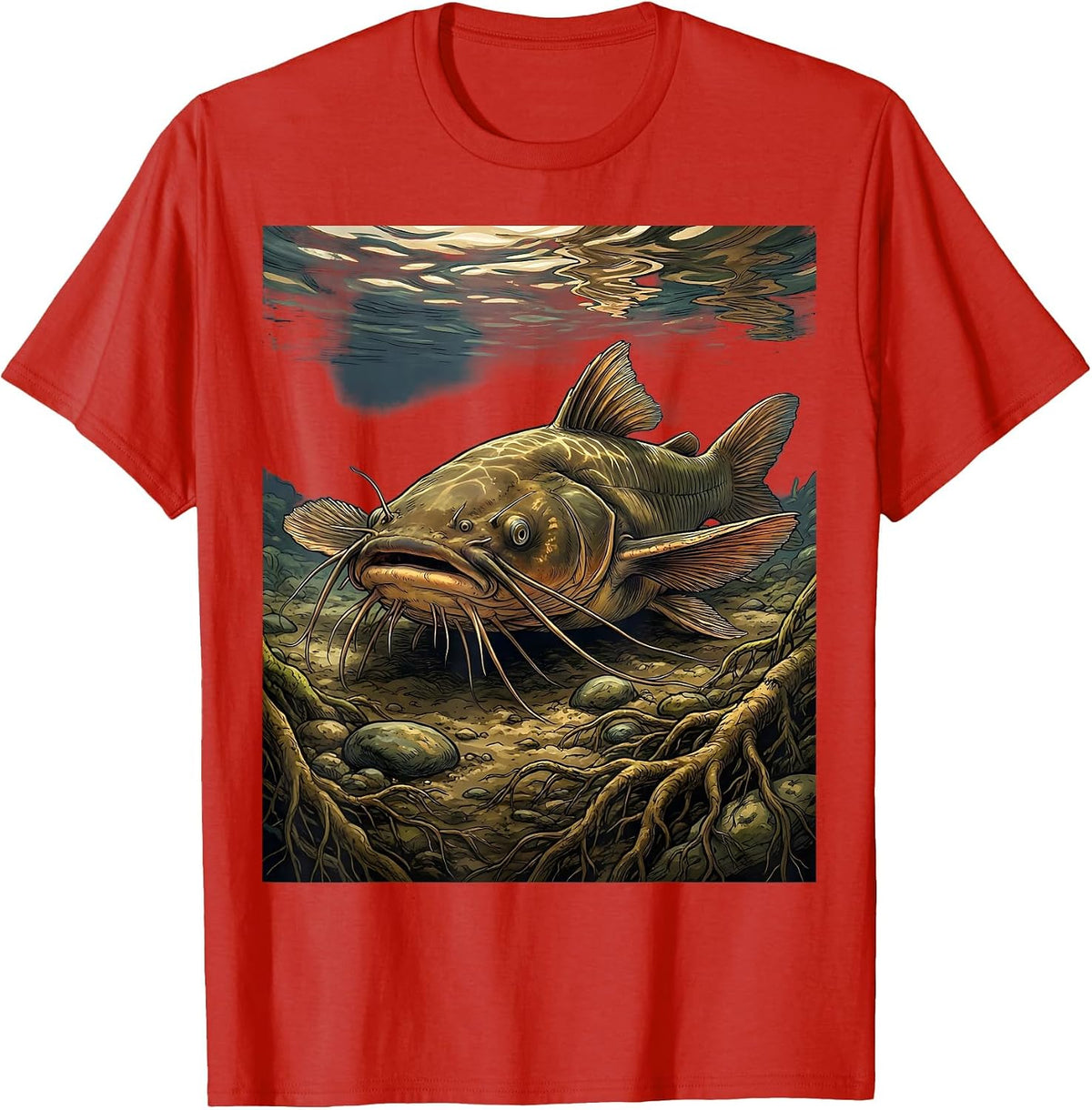Men's Catfish Muddy River Bottom Fishing Graphic T-Shirt - Red