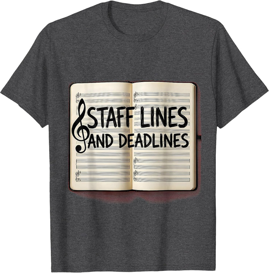 Men's Staff Lines and Deadlines Music Teacher Design T-Shirt - Dark Heather Grey