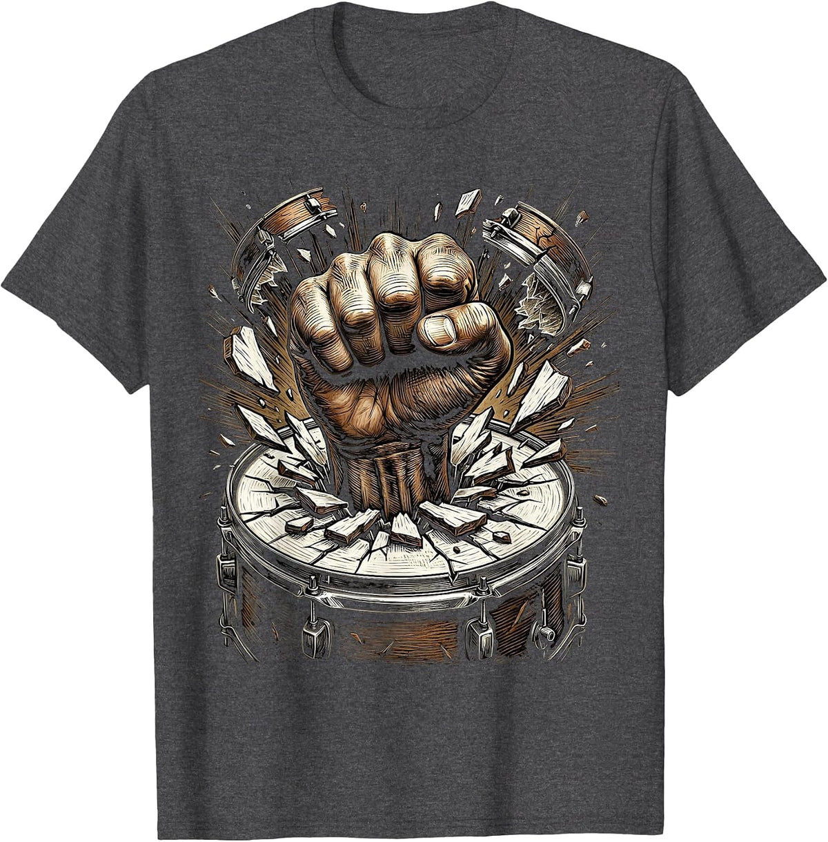 Fist Through Bass Drum Rock Music Graphic T-Shirt - Dark Heather Grey