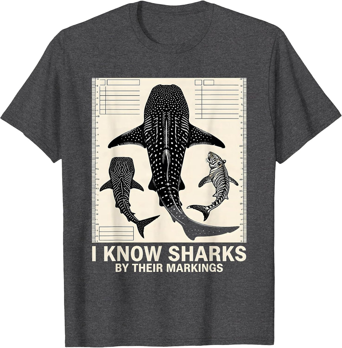 I Know Sharks By Their Markings Funny Shark Lover Marine T-Shirt - Dark Heather Grey