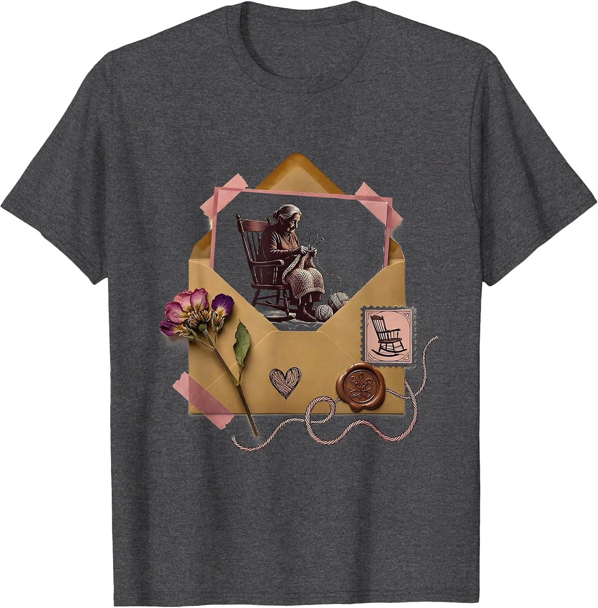 Men's Grandma Knitting in Rocking Chair Illustration T-Shirt - Dark Heather Grey
