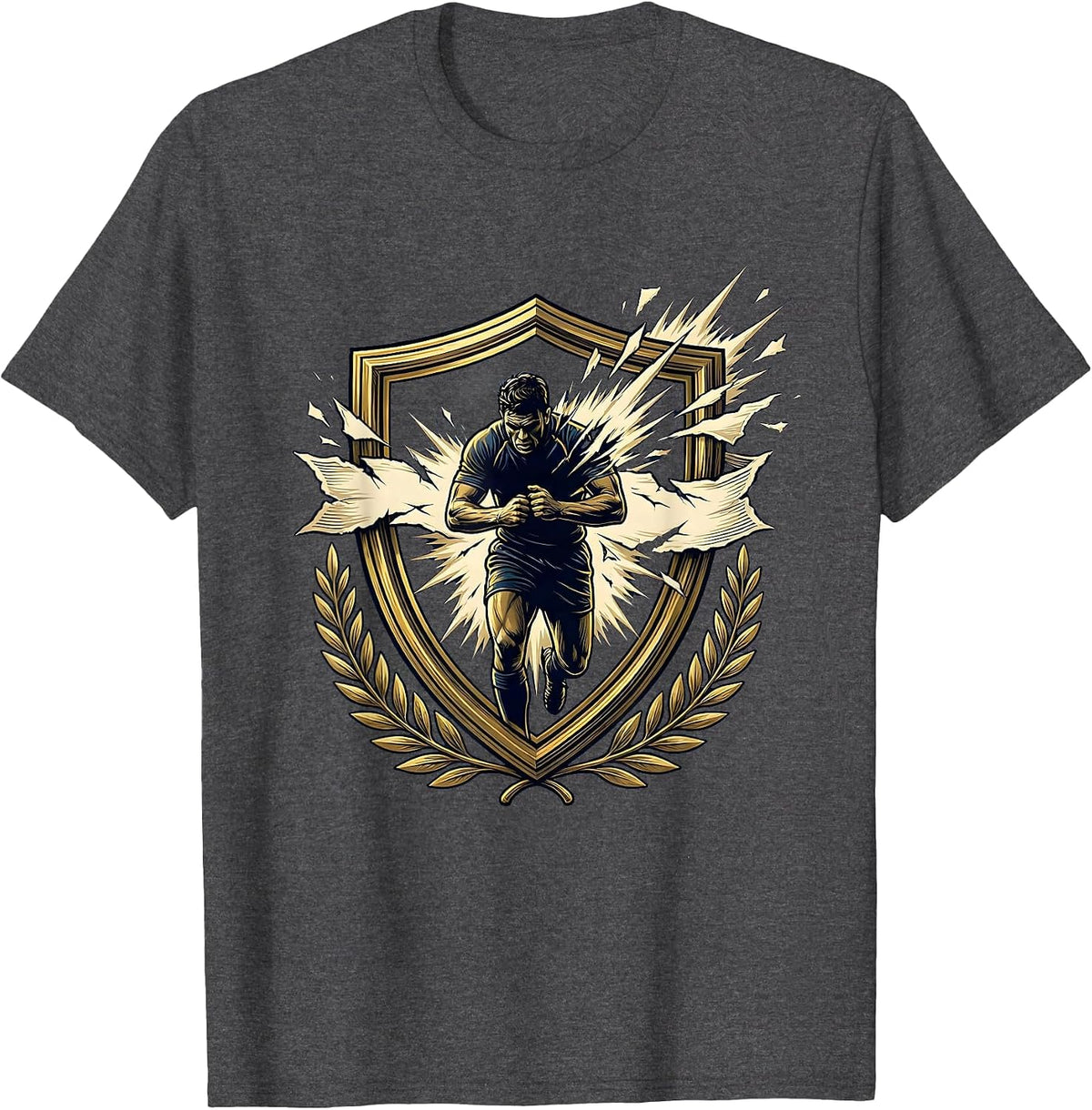 Rugby Player Bursting Through Banner Graphic T-Shirt - Dark Heather Grey