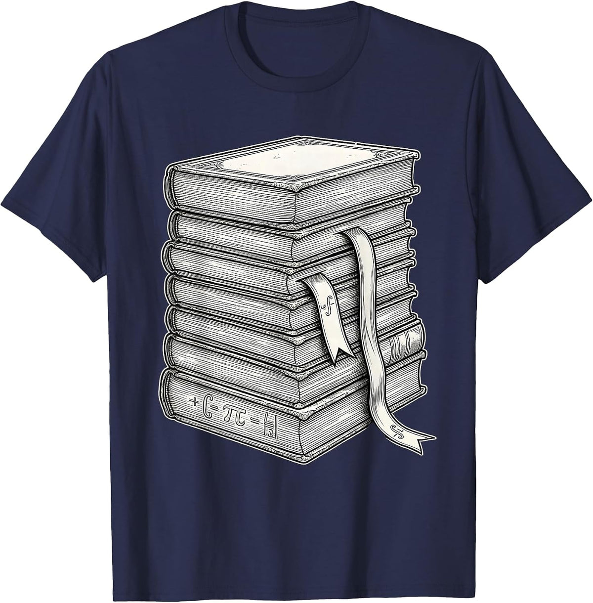 Math Teacher Stacked Textbooks Graphic Design T-Shirt - Navy Blue