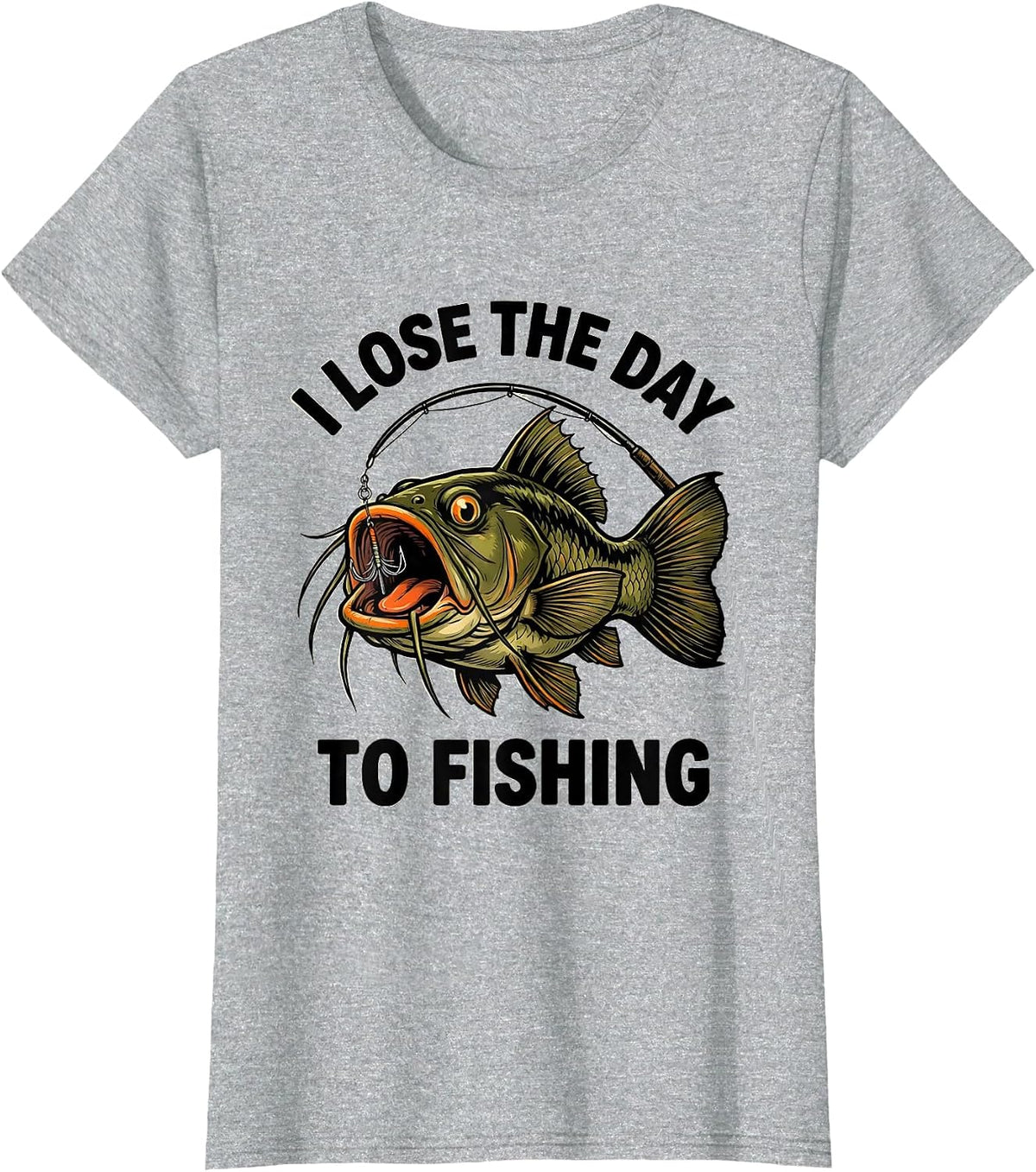 I Lose The Day To Fishing Funny Cartoon Catfish Angler Humor T-Shirt - Heather Grey