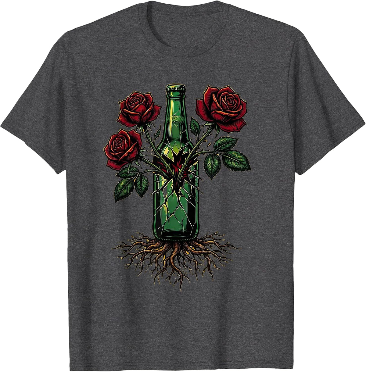 Broken Bottle Roses Punk Rock Graphic Tee T-Shirt - Dark Heather Grey