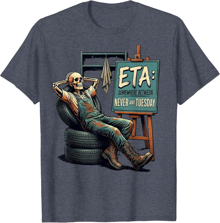 ETA: Somewhere Between Never And Tuesday Mechanic T-Shirt - Heather Blue