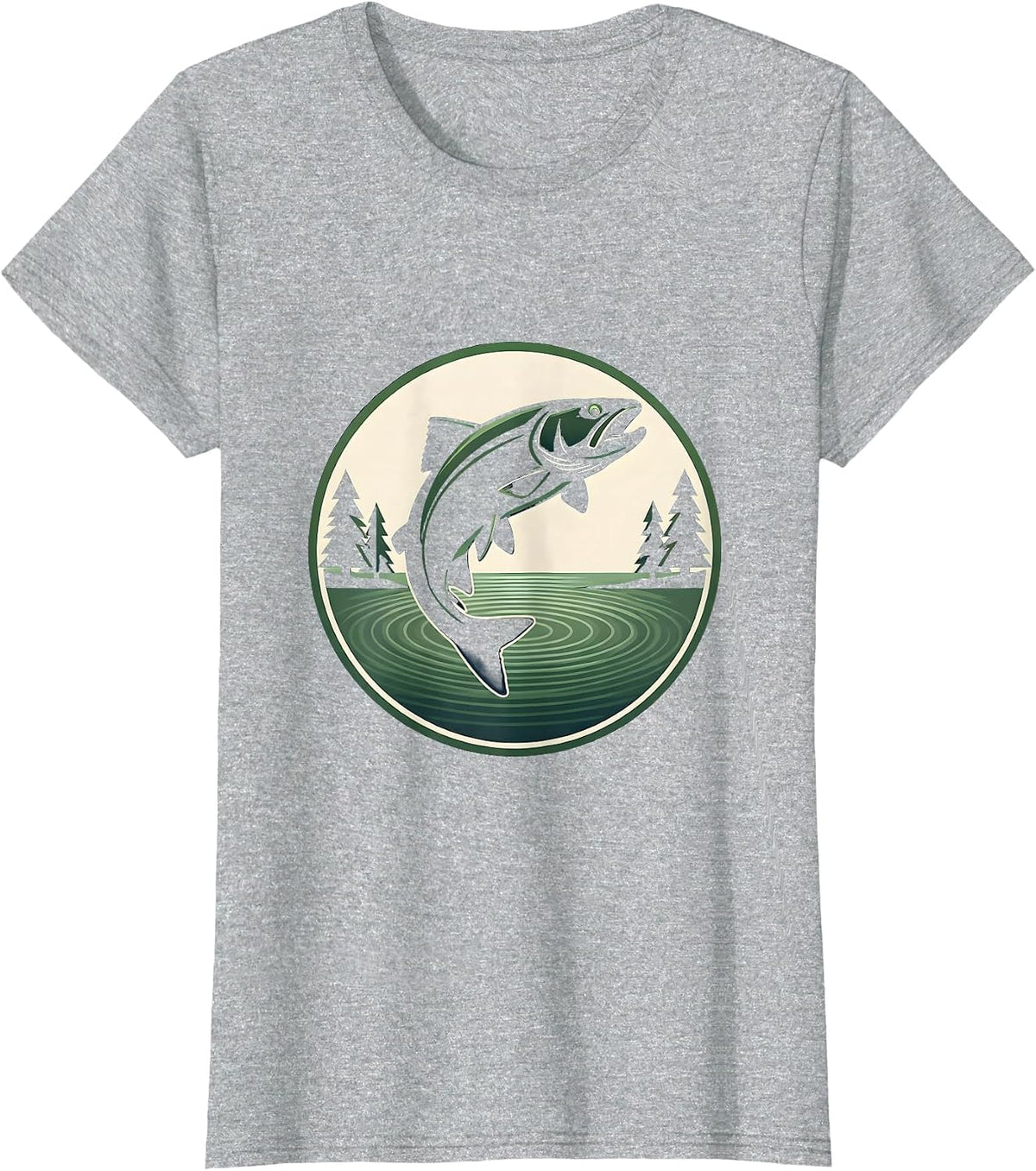Trout Jump Pine Trees Fishing Illustration T-Shirt - Heather Grey