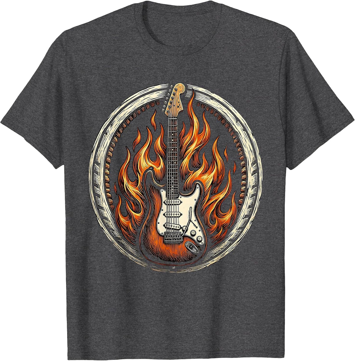 Electric Guitar On Fire Rock Music Graphic T-Shirt - Dark Heather Grey