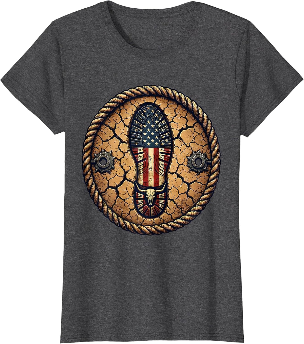 Women's Soldier Boot Print Stamped in Earth Patriotic Tee T-Shirt - Dark Heather Grey