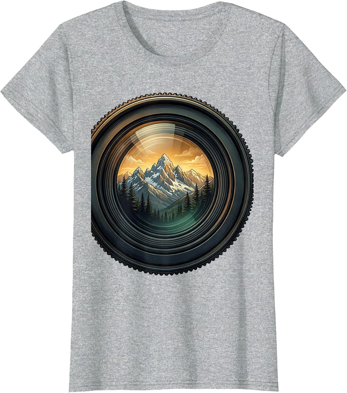 Camera Lens Mountain Landscape Reflection Art T-Shirt - Heather Grey