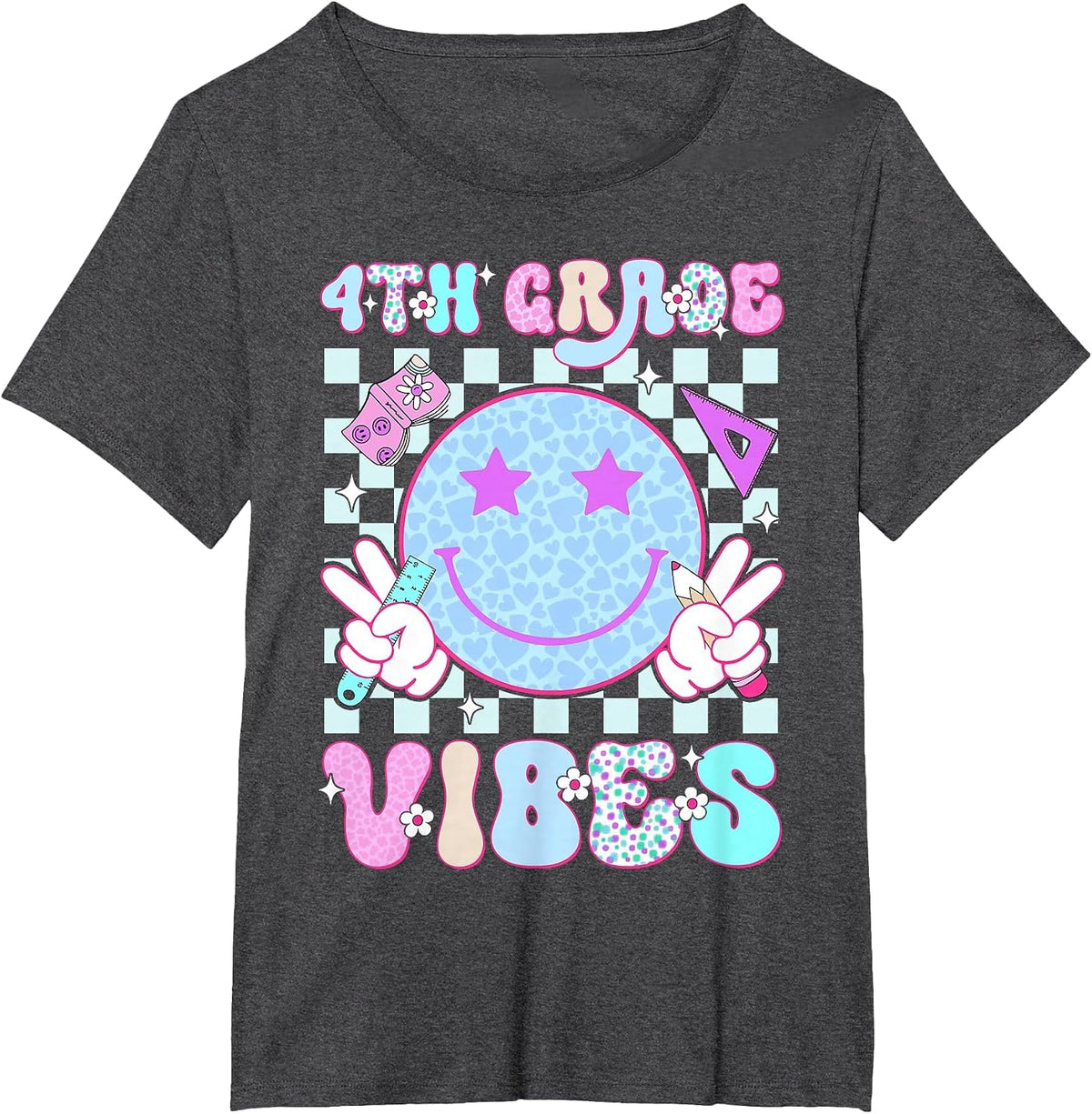 4th Fourth Grade Vibes Smile Face Back to School Teacher T-Shirt - Dark Heather Grey