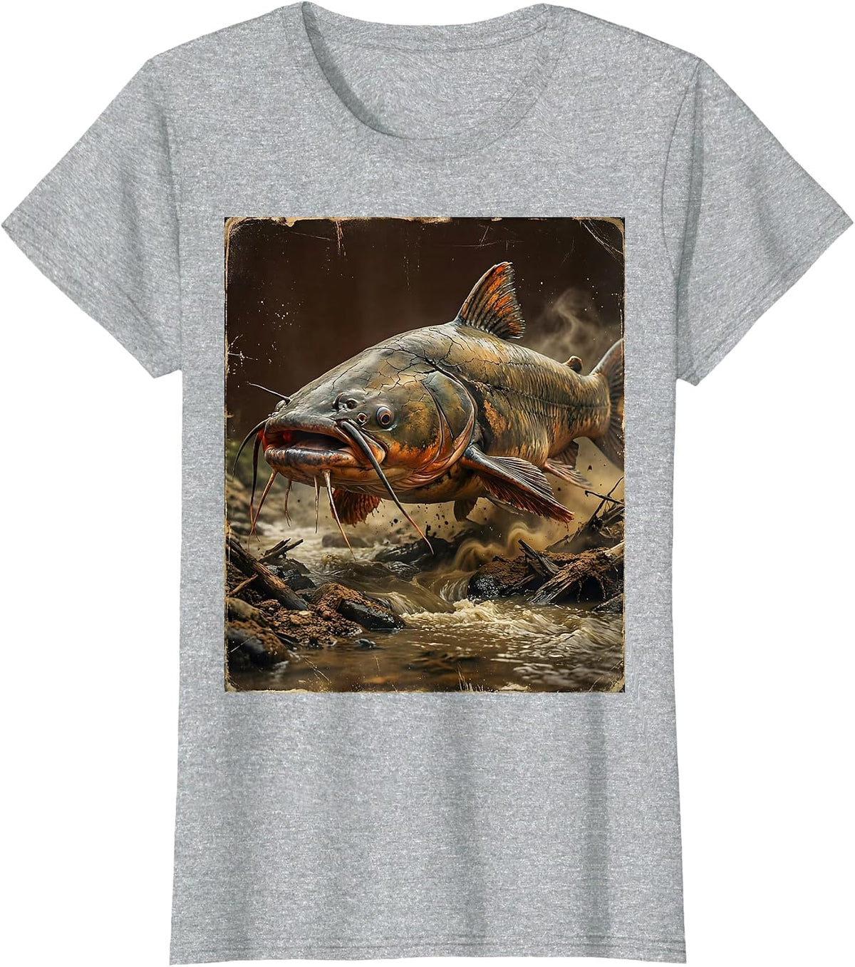 Catfish Riverbed Lurking Fishing Graphic T-Shirt - Heather Grey