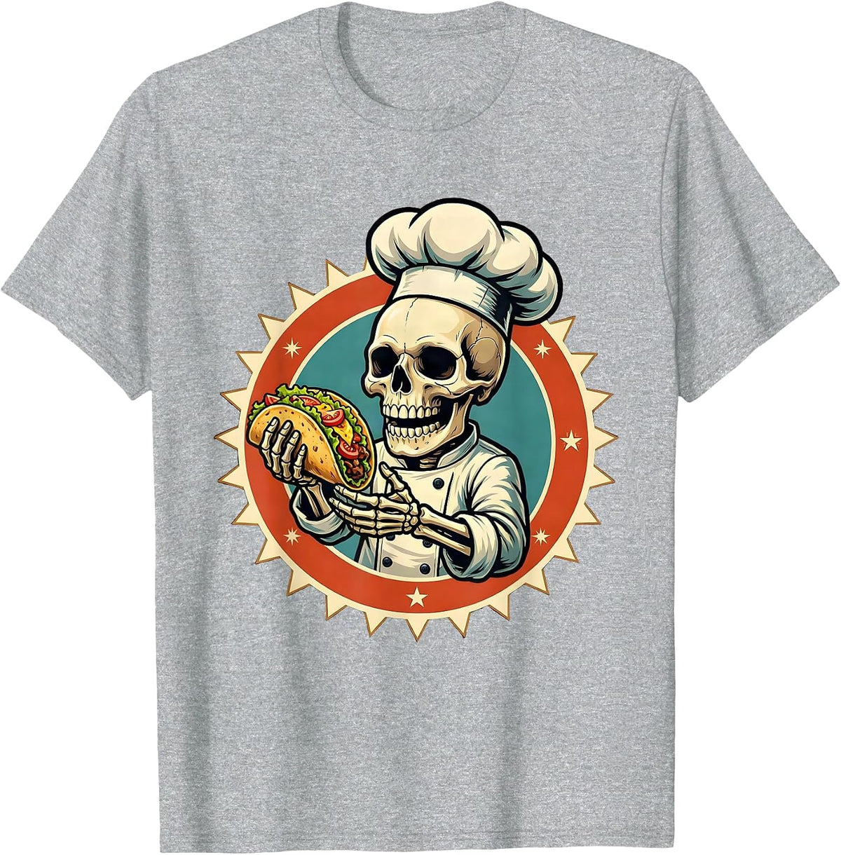 Men's Skeleton Chef Glowing Taco Illustration T-Shirt - Heather Grey