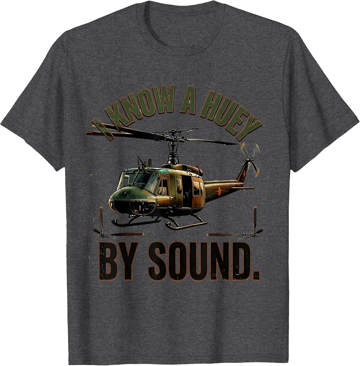 Men's I Know A Huey By Sound Vintage Military Helicopter UH-1 T-Shirt - Dark Heather Grey