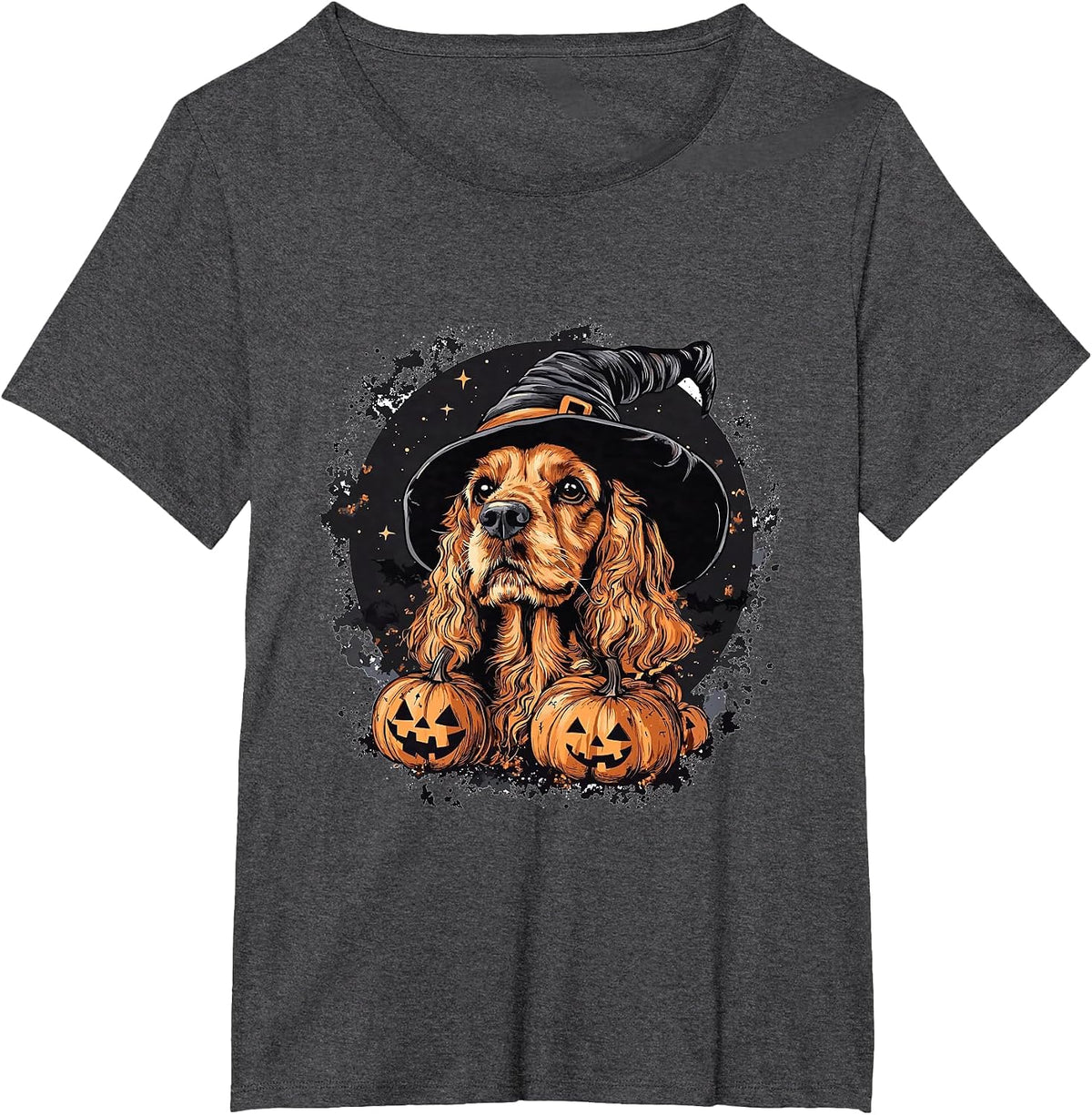 Cocker Spaniel Dog Whitch Hat Halloween Pumpkin Spooky Happy T-Shirt - Dark Heather Grey