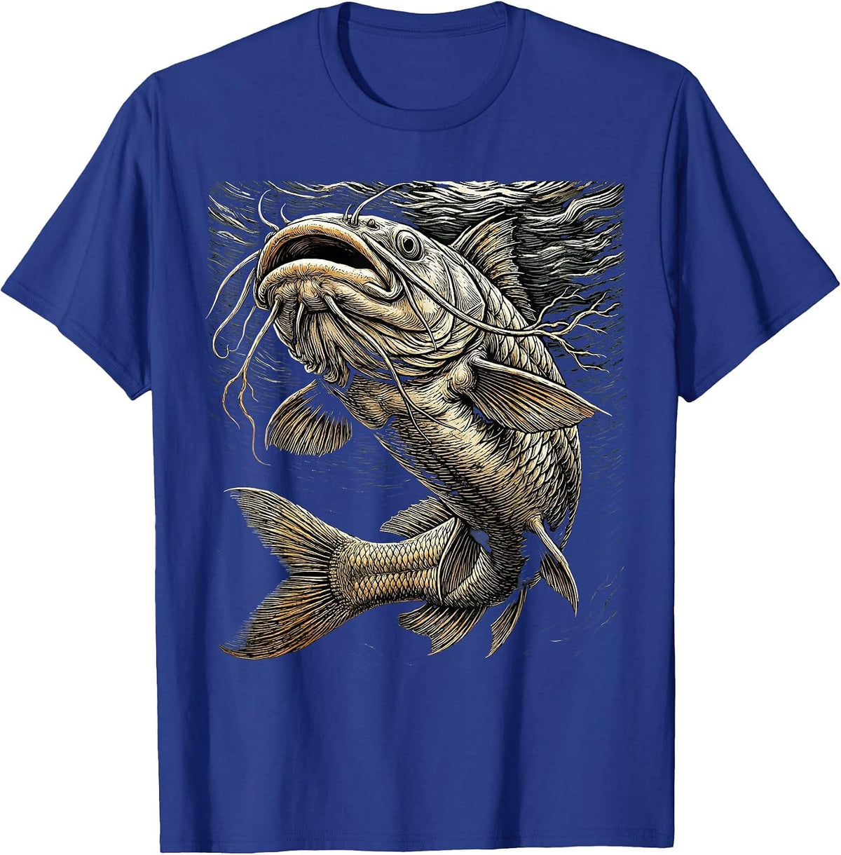 Men's Catfish Dark Depths Lurking Giant Fishing Graphic T-Shirt - Royal Blue