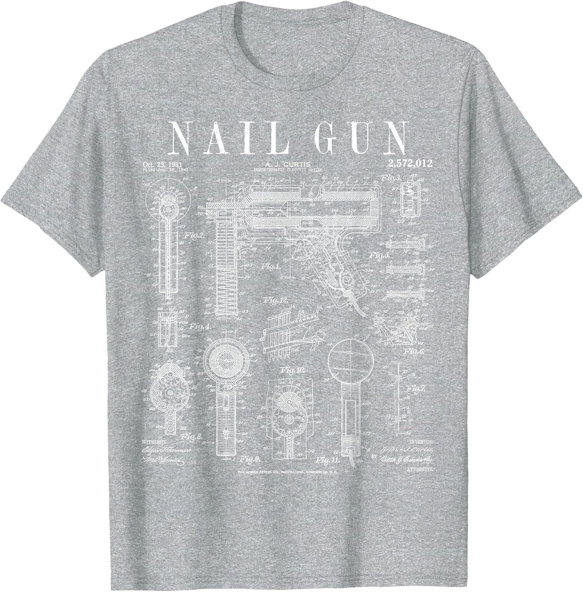 Carpenter Builder Construction Nail Gun Vintage Patent T-Shirt - Heather Grey