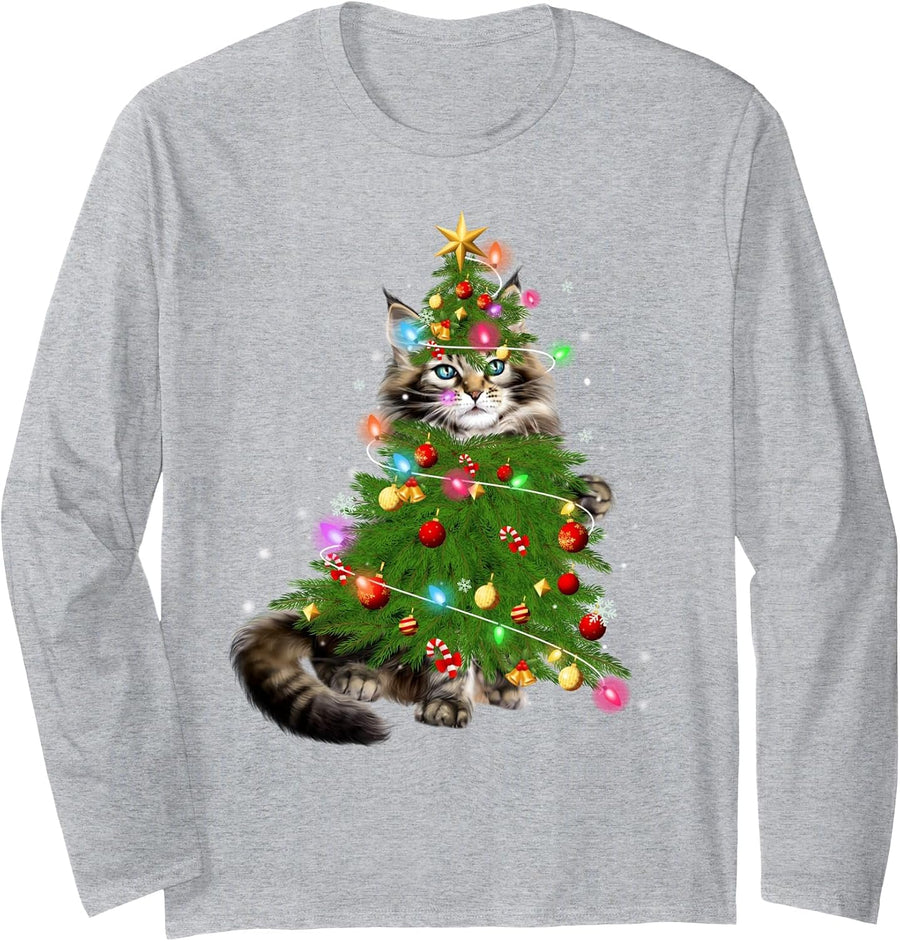 Cat Maine Coon Christmas Tree Holiday Cat Lovers Xmas Gift Long Sleeve T-Shirt - Adult Unisex Heather Grey