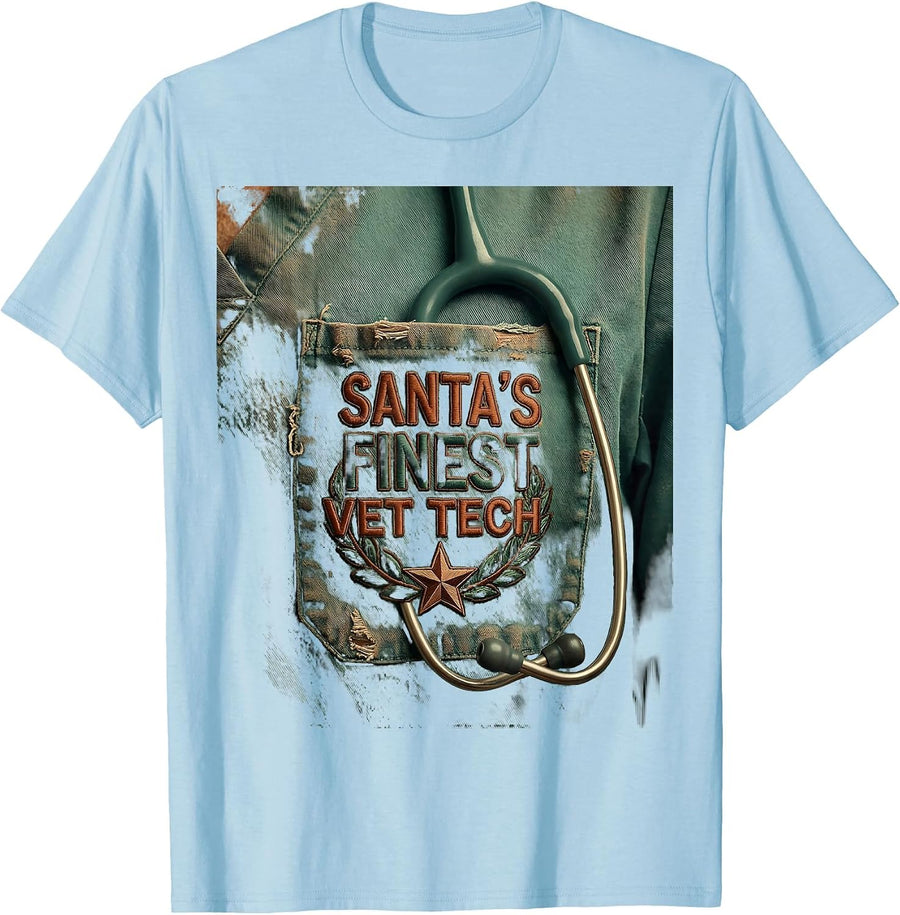 Men's Santa's Finest Vet Tech Vintage Funny Veterinary Tech T-Shirt - Baby Blue