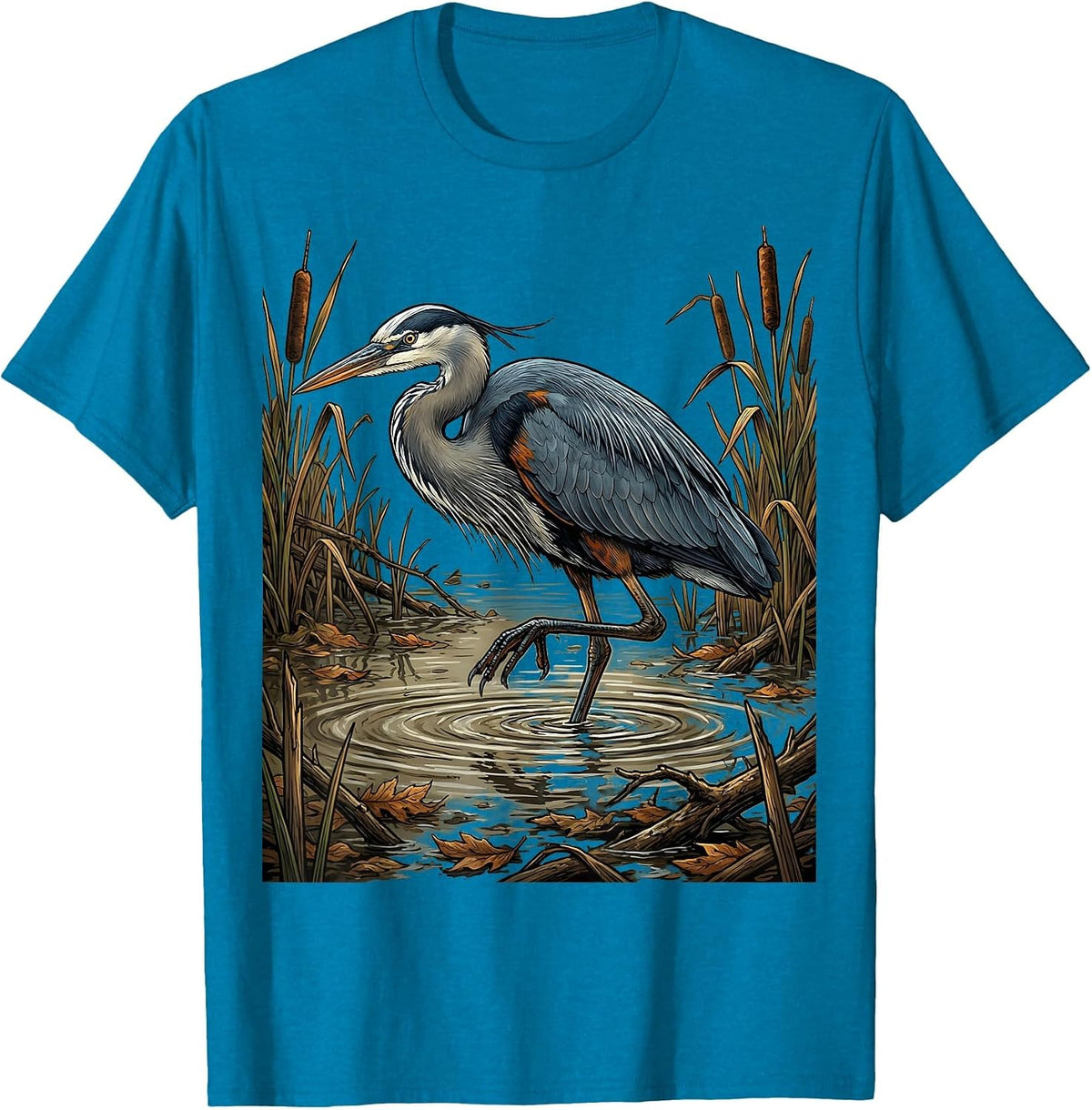 Great Blue Heron Bottomland Camo Hunting Design T-Shirt - Sapphire Blue