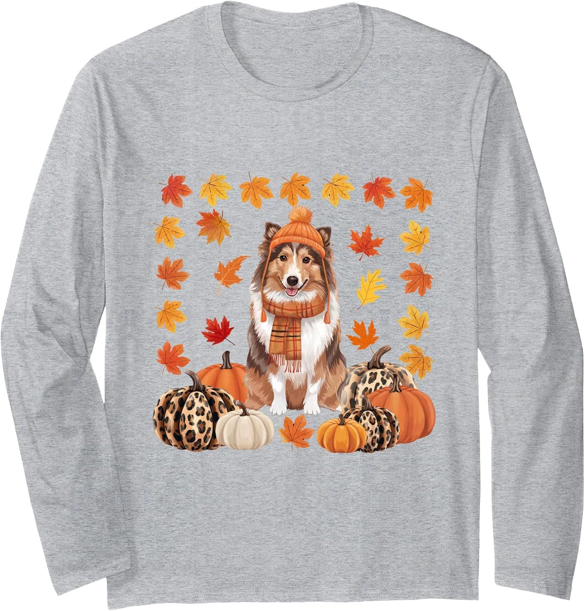 Sheltie Shetland Sheepdog Pumpkins Fall Leaves Halloween Long Sleeve T-Shirt - Adult Unisex Heather Grey