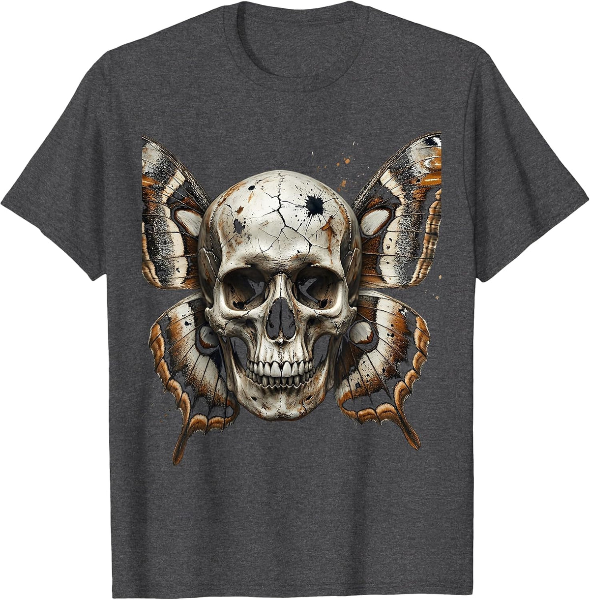 Grunge Skull Moth Wings Dark Gothic Design T-Shirt - Dark Heather Grey