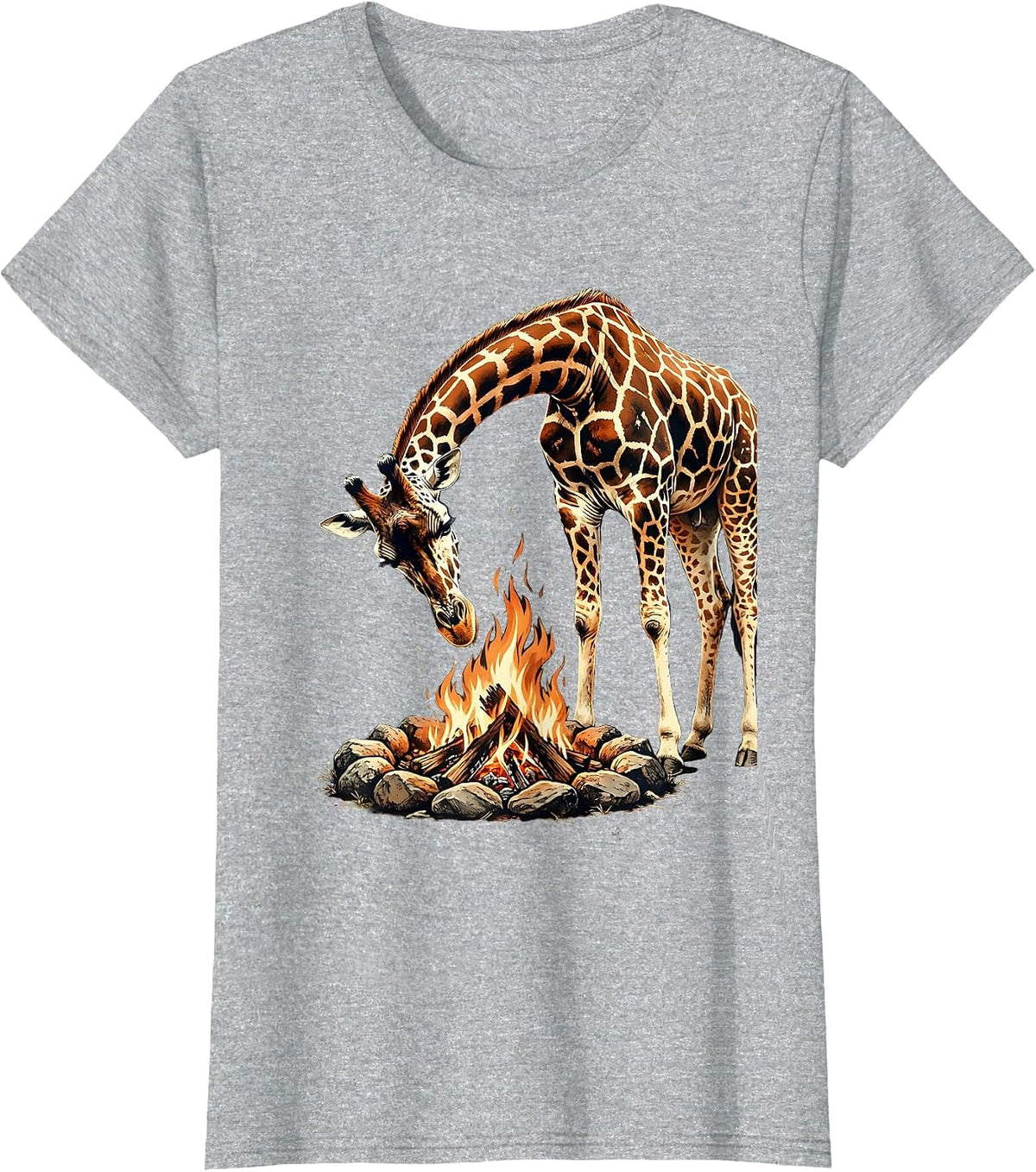 Giraffe Peering Into Campfire Night Scene T-Shirt - Heather Grey