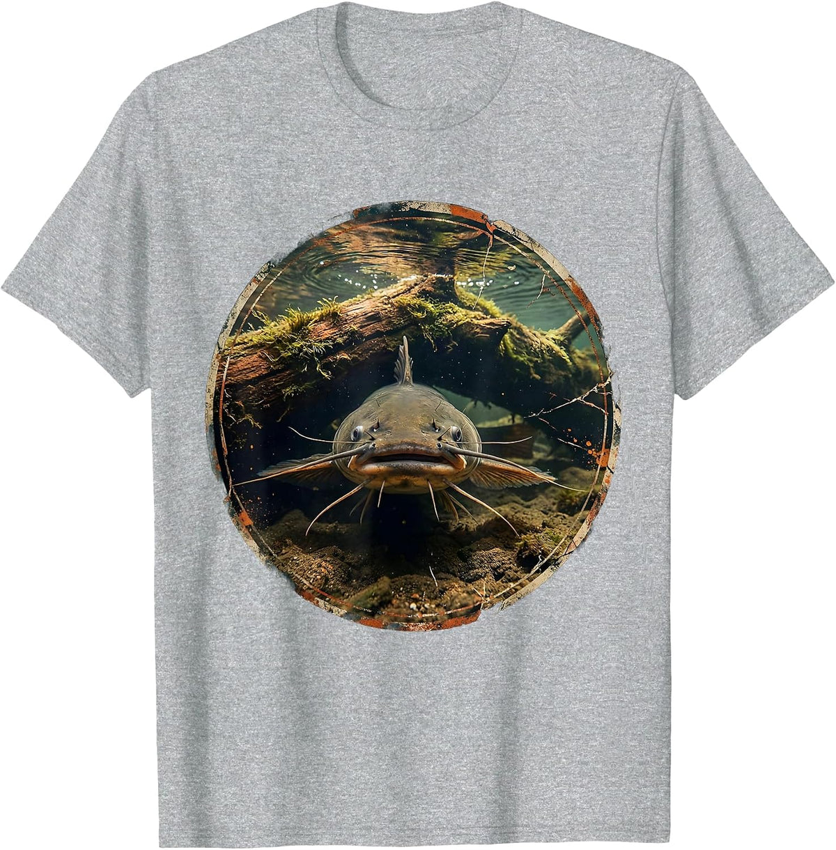Men's Catfish Under Sunken Log Fishing Graphic T-Shirt - Heather Grey