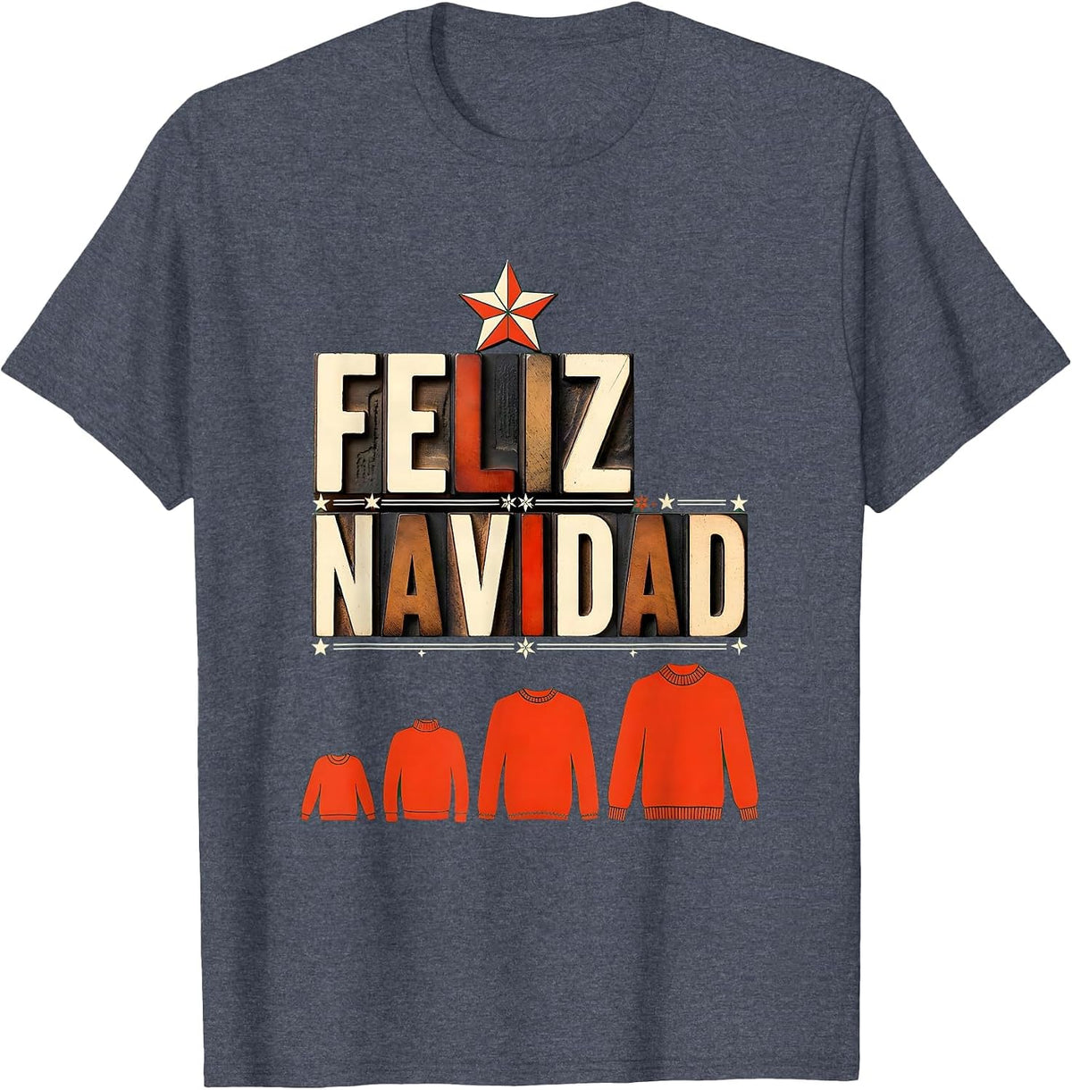 Feliz Navidad Wood Type Letterpress Spanish Mexican T-Shirt - Heather Blue
