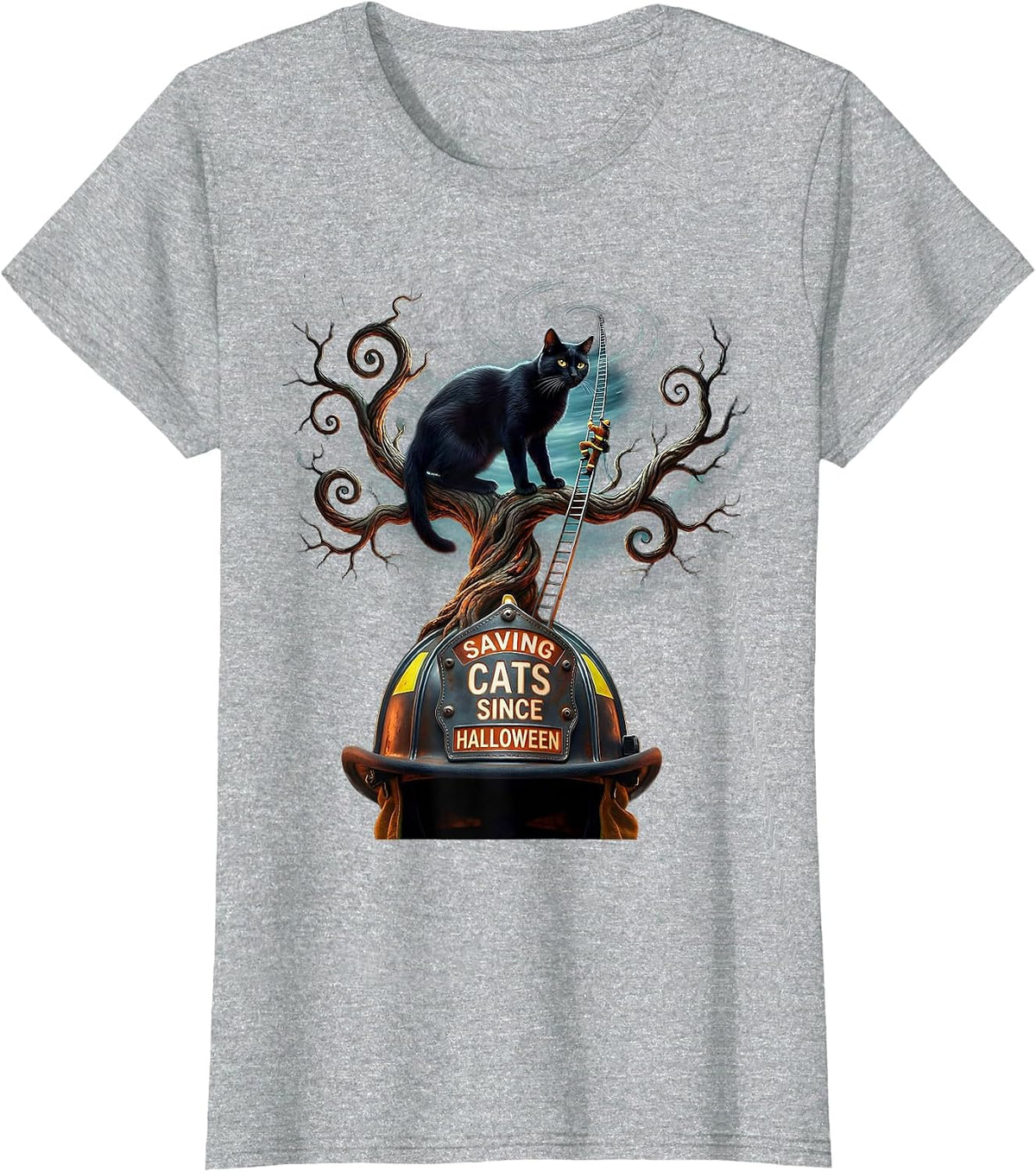 Halloween Firefighter Rescue Cat Design T-Shirt - Heather Grey