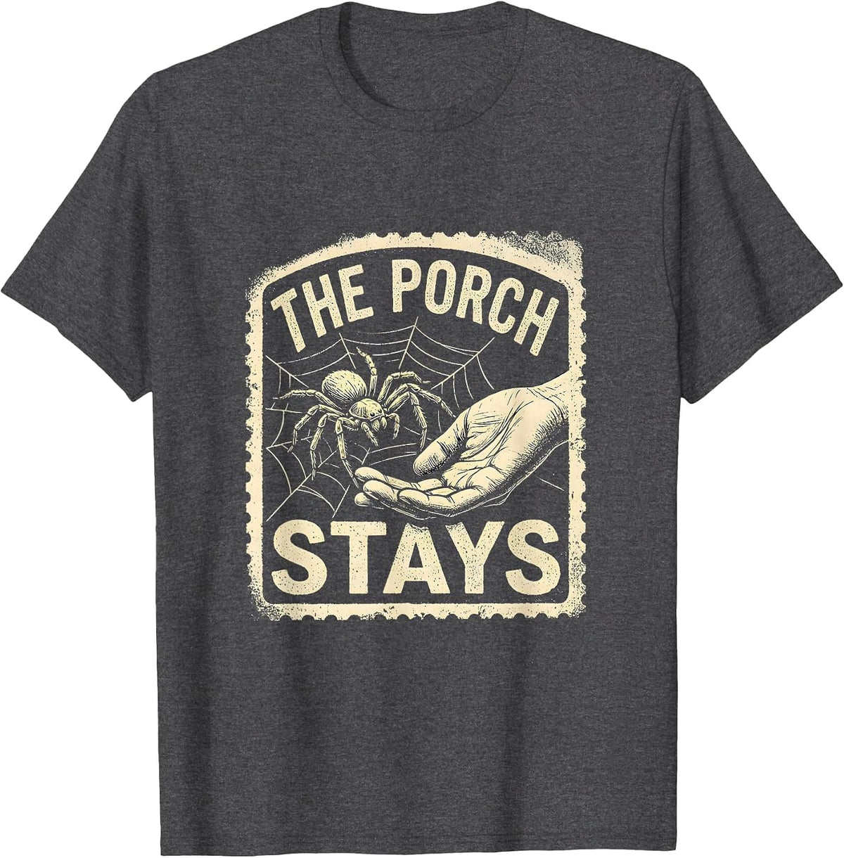 Men's The Porch Stays Rubber Stamp Spooky Halloween Spider Novelty T-Shirt - Dark Heather Grey