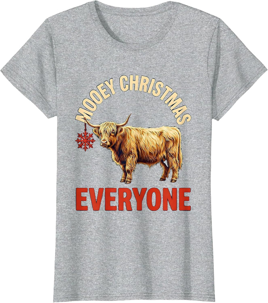 Mooey Christmas Everyone Funny Highland Cow Farm Animal T-Shirt - Heather Grey