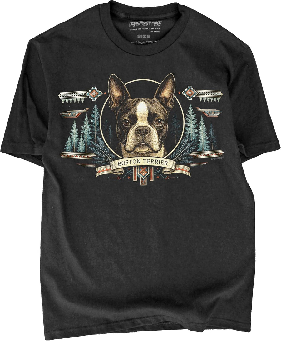 BABATEES Wilderness Inspired Dog Artwork Black Tshirt – 100% Cotton - for Men & Women - Boston Terrier