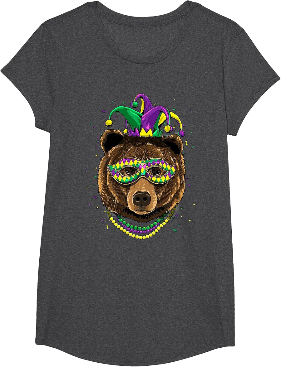 Bear Animal Lover Cute Mardi Gras Carnival Jester T-Shirt, Girls, Dark Heather Grey, Medium - As Pictured