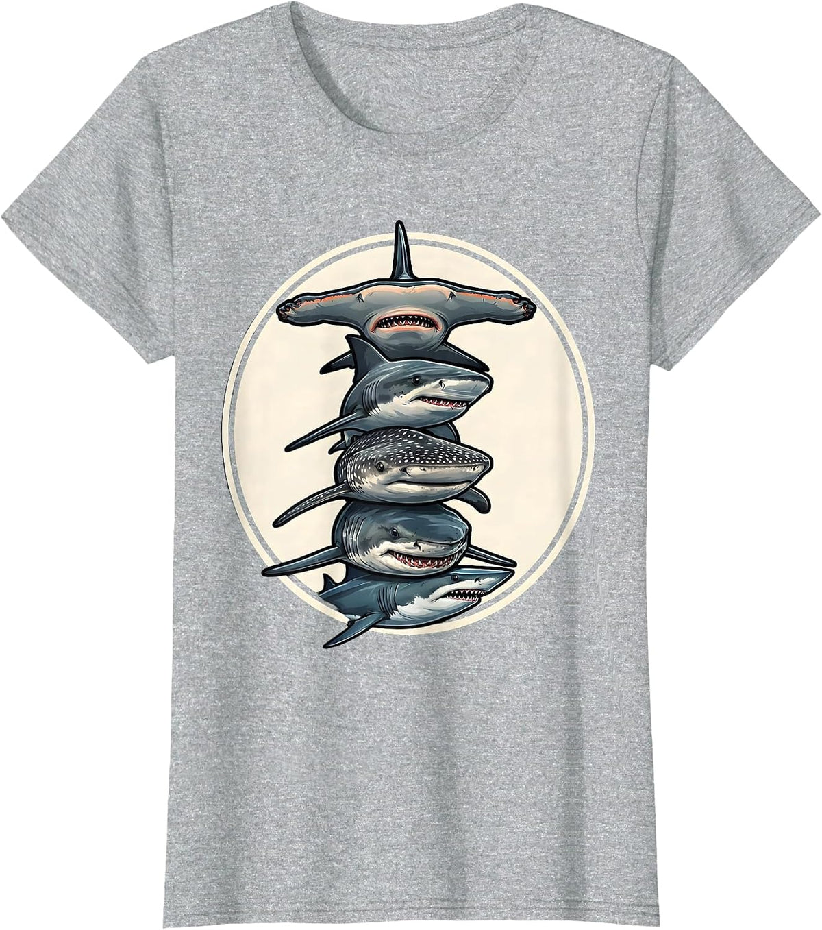 Shark Species Totem Cartoon Ocean Wildlife Novelty T-Shirt - Heather Grey