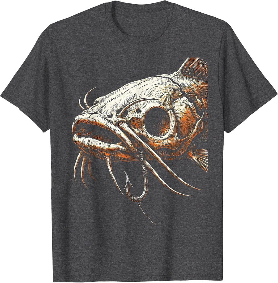 Men's Catfish Skull Hook Jaw Dark Fishing Graphic T-Shirt - Dark Heather Grey