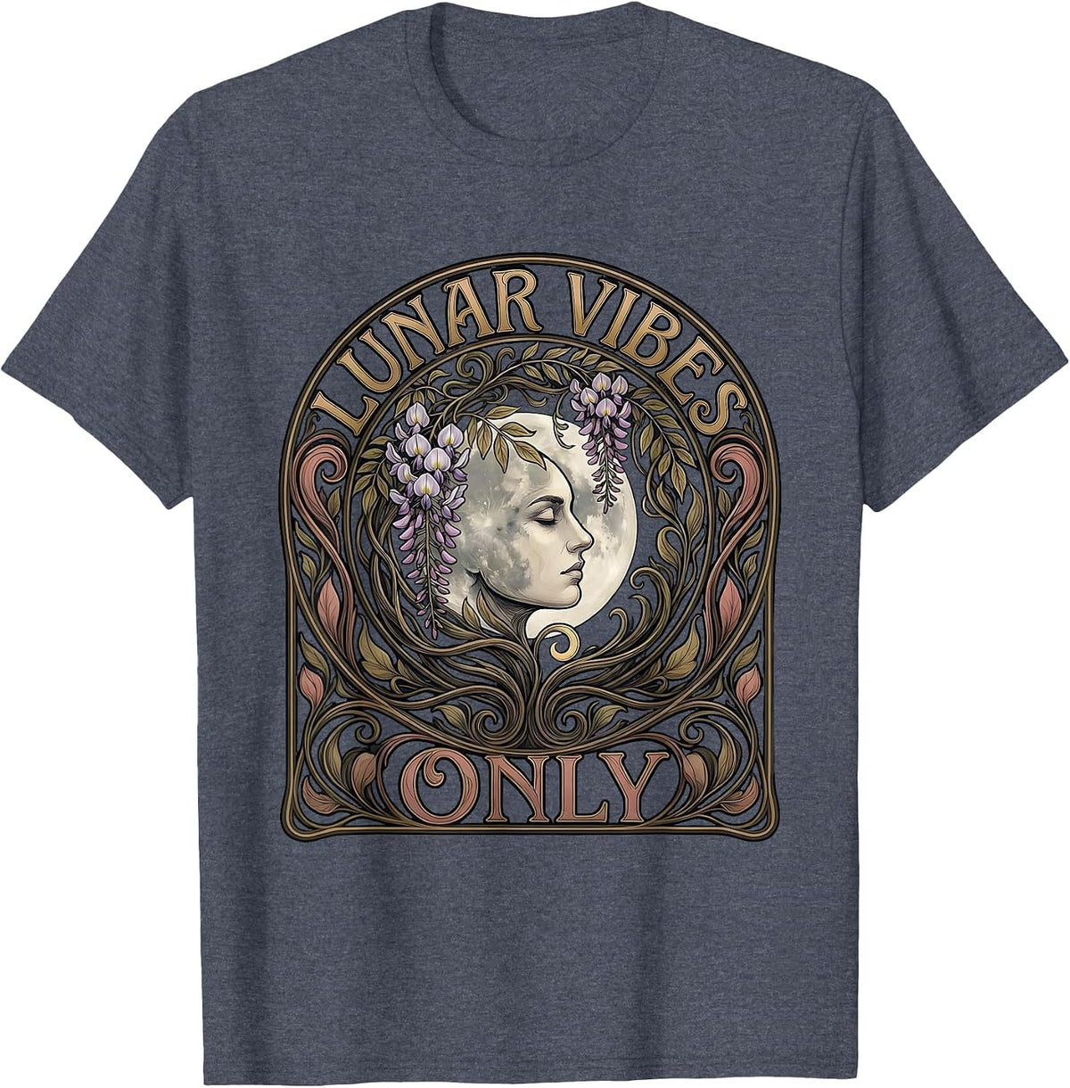 Lunar Vibes Only Moon Celestial Design T-Shirt - Heather Blue