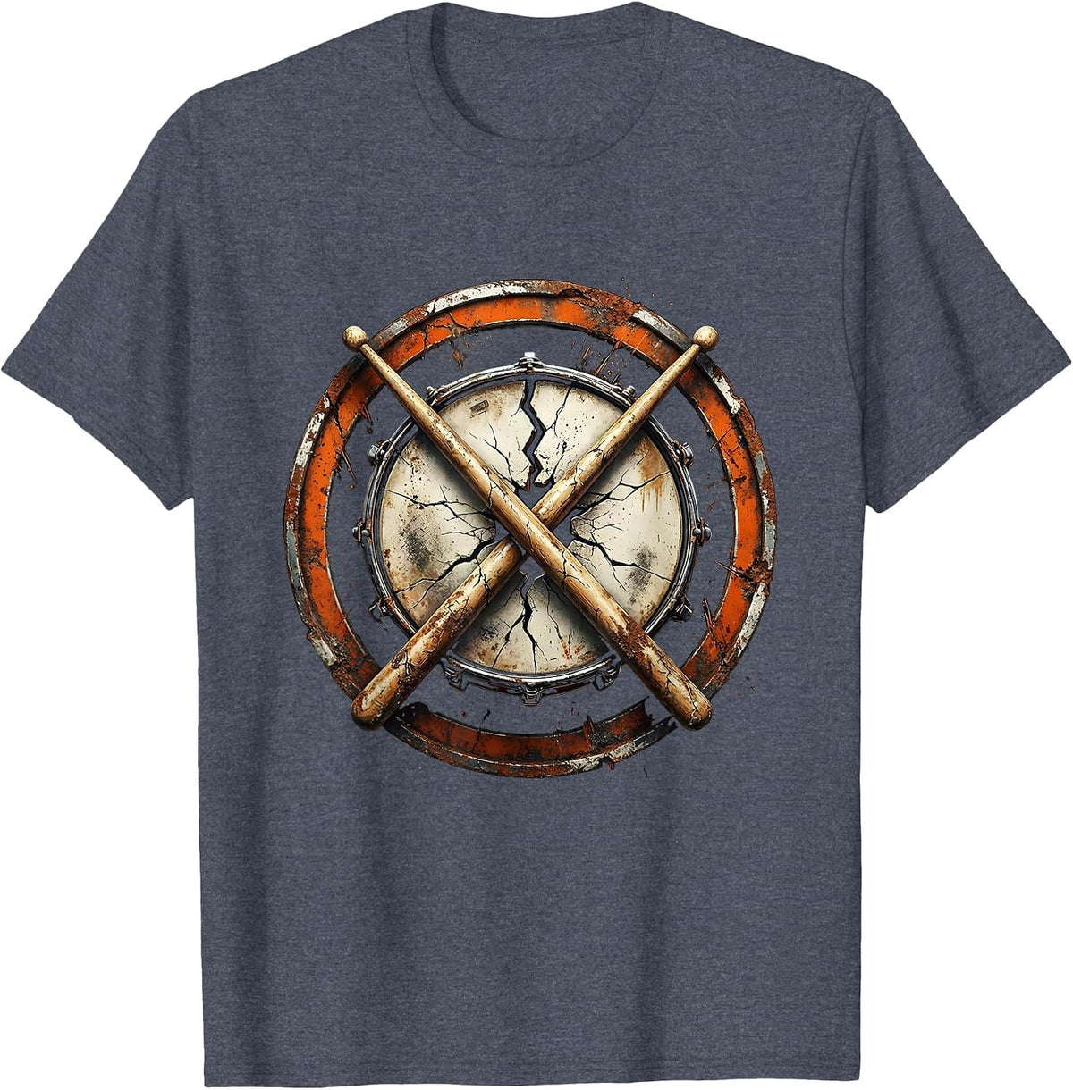 Crossed Drumsticks Cracked Snare Drum Rock Graphic T-Shirt - Heather Blue