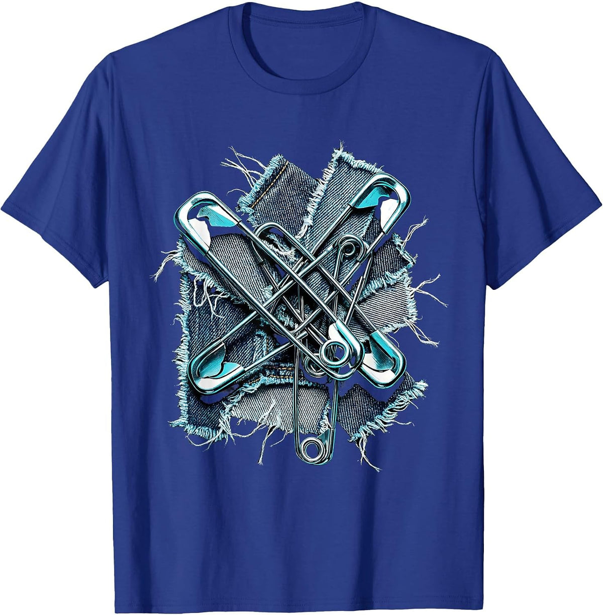 Punk Safety Pin Torn Denim Graphic Tee T-Shirt - Royal Blue