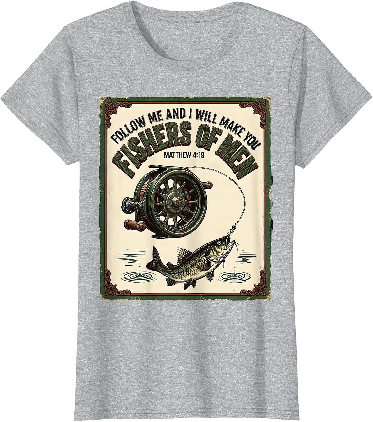 Women's Fishers Of Men Matthew 4:19 Vintage Christian Fishing T-Shirt - Heather Grey