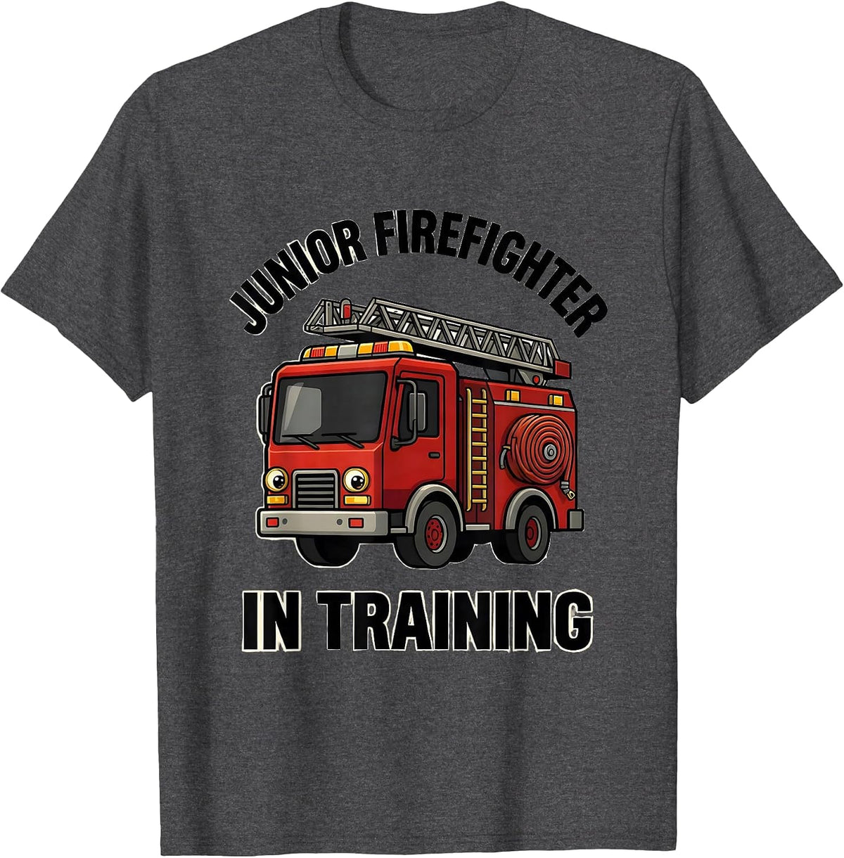 Men's Junior Firefighter In Training Bold Cartoon Fire Truck Kids T-Shirt - Dark Heather Grey